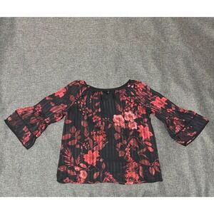 I.N. Studio Women's PL Blouse Floral Bell Sleeve Black Red